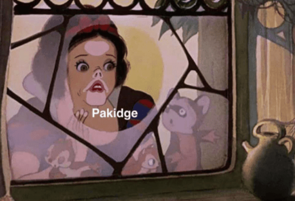 Snow White with face pressed against window saying "pakidge"