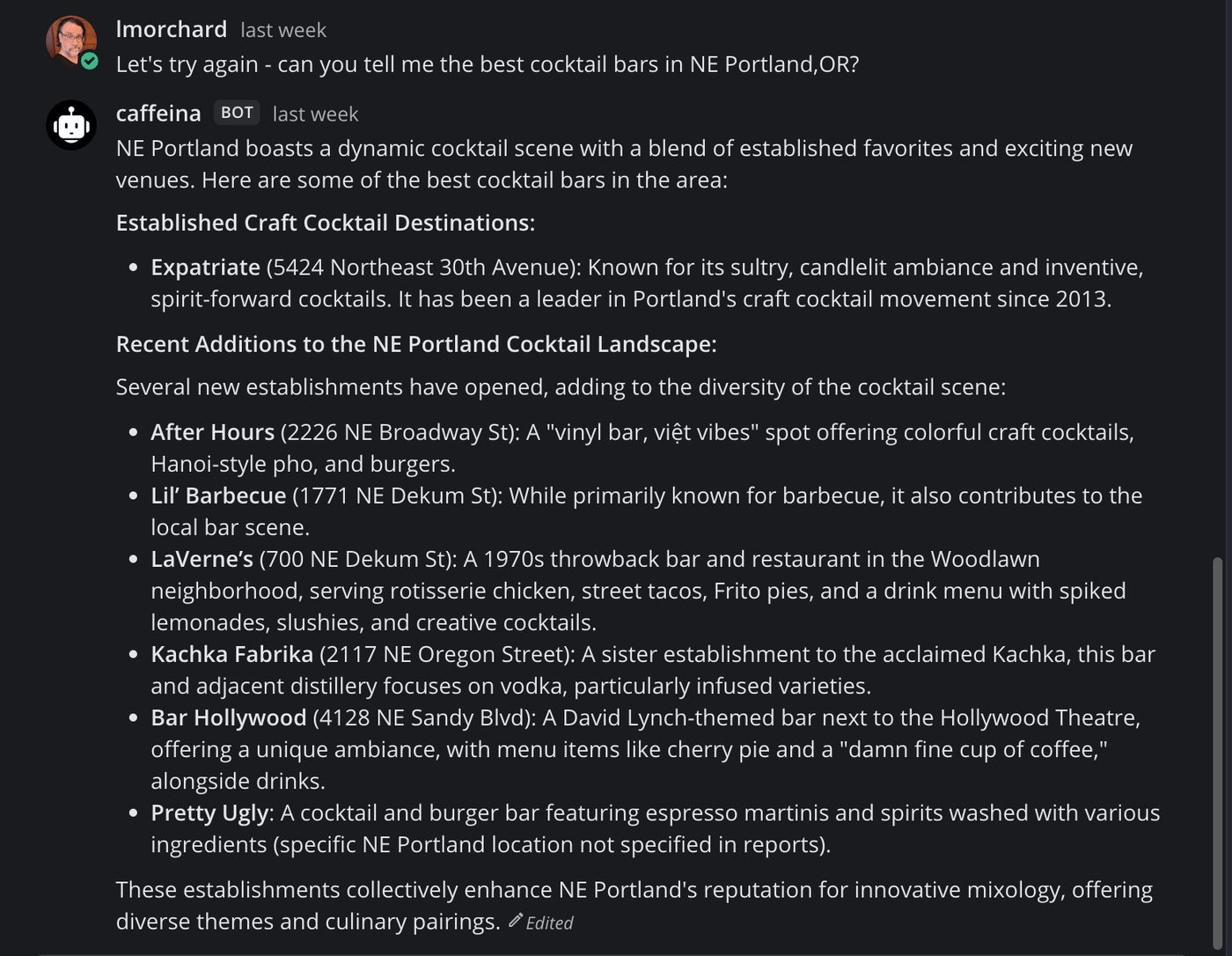 The agent recommends NE Portland cocktail bars via Tabstack, listing spots like Expatriate, After Hours, and Bar Hollywood