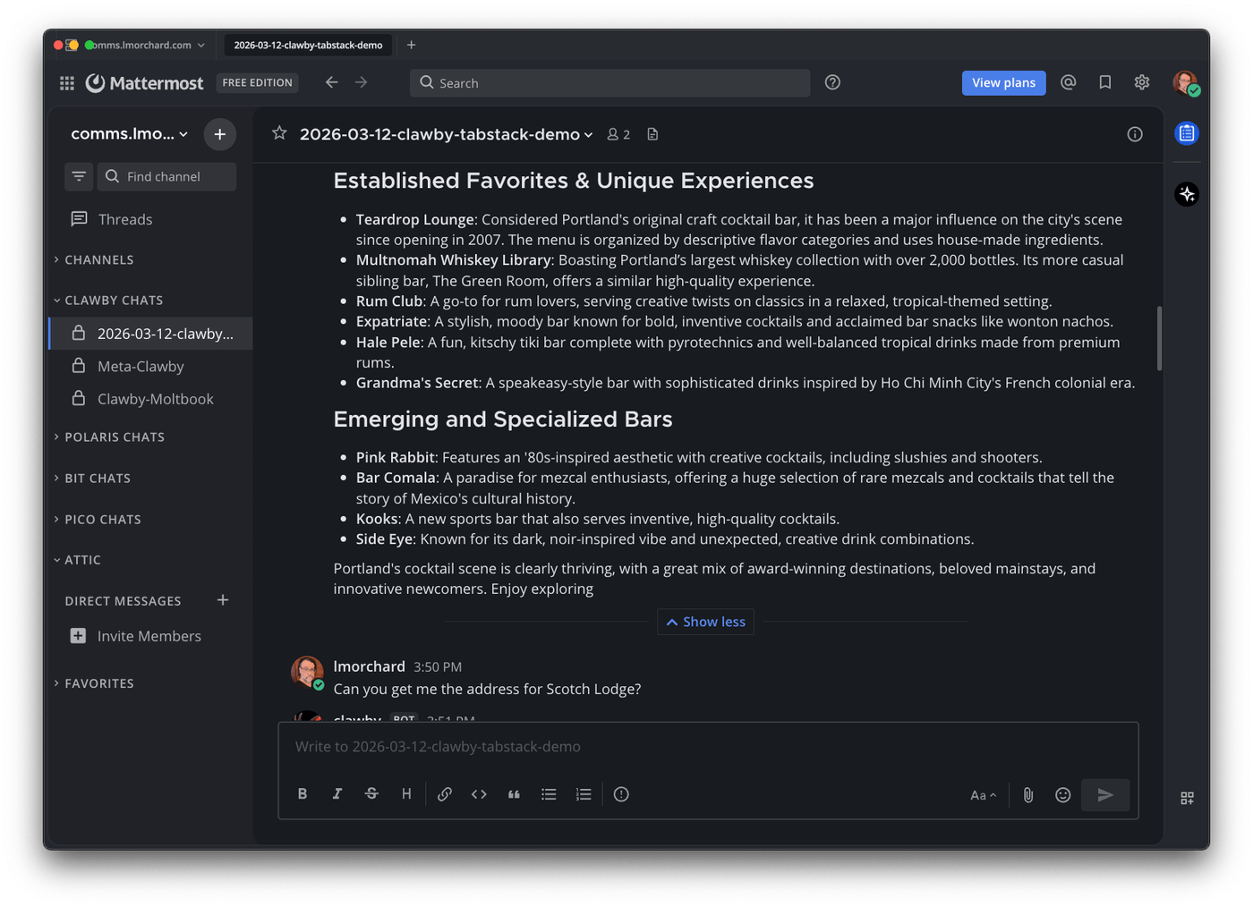 The agent lists award-winning and notable Portland cocktail bars with descriptions