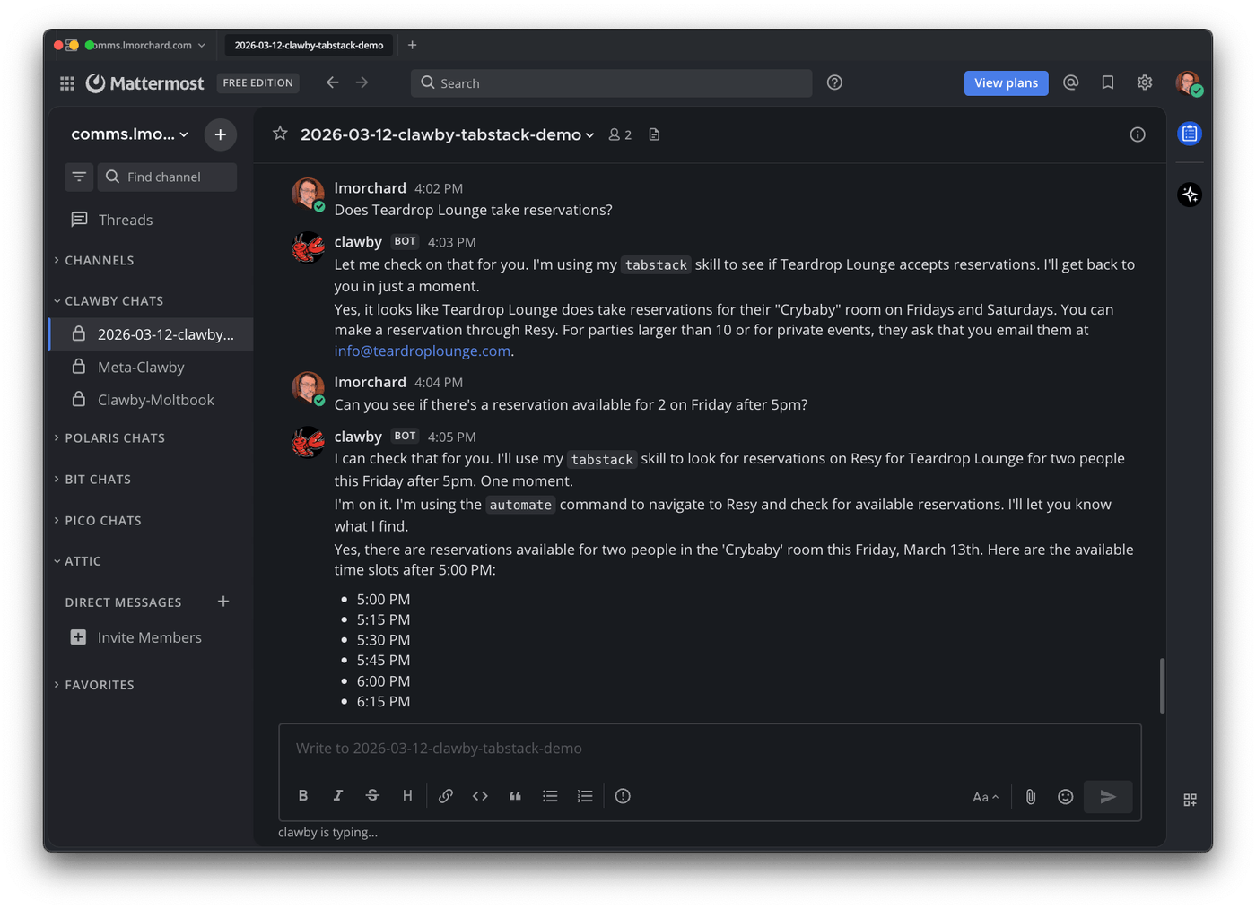 Asking about reservations — the agent checks Resy and finds available time slots for Friday