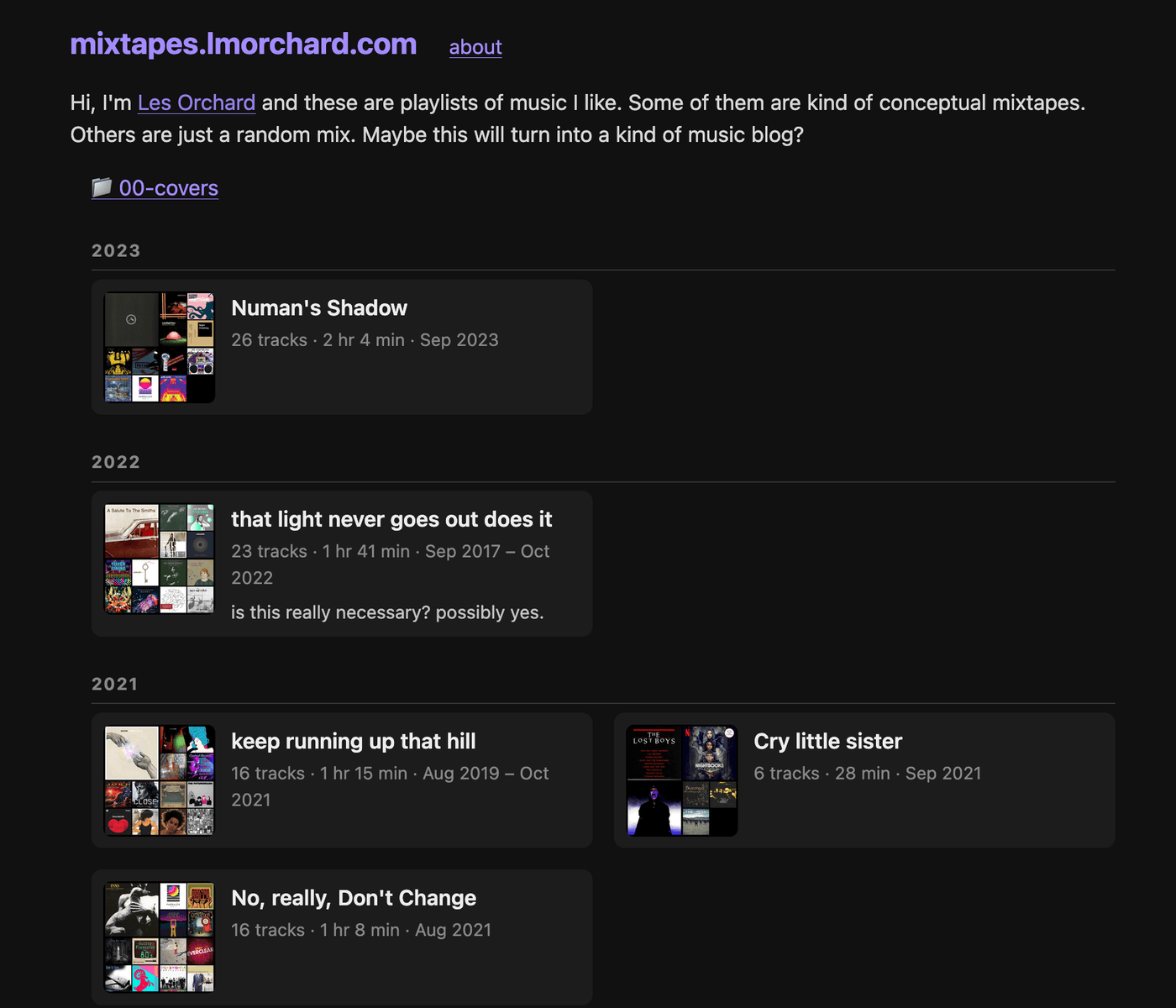Screenshot of the index page of mixtapes.lmorchard.com