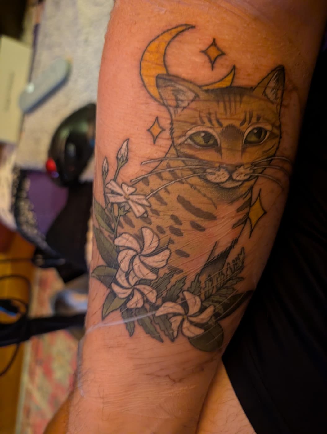 A fresh, colorful tattoo of a tabby cat with a crescent moon, stars, and white flowers on a person's arm.