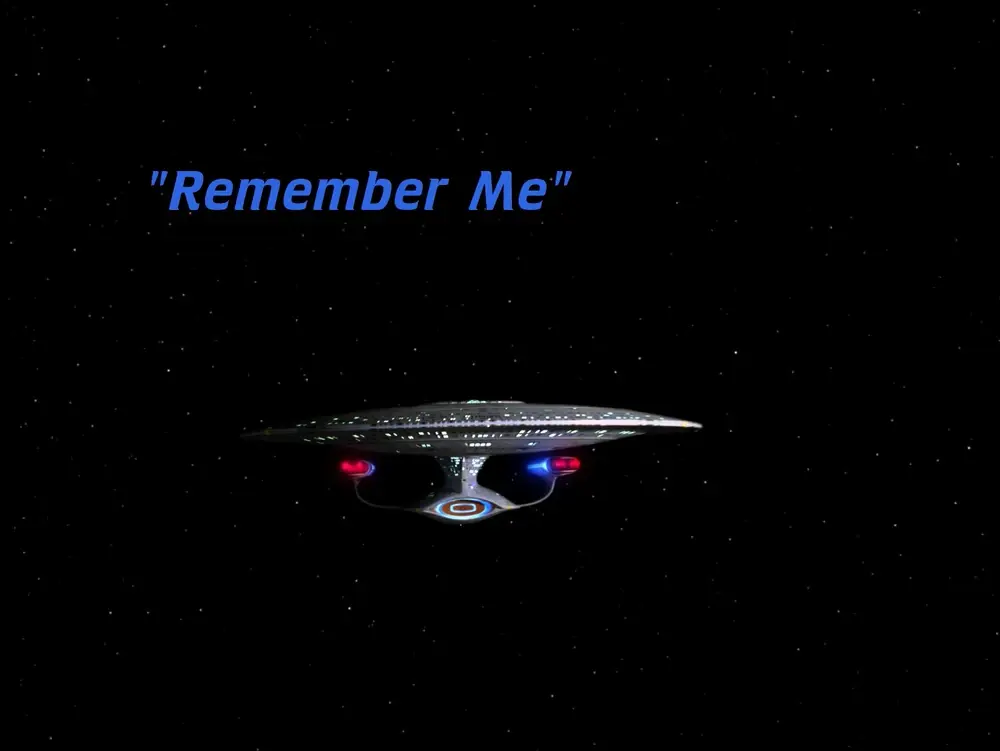 Title card for Star Trek: The Next Generation season 4 episode 5, "Remember Me" - the Enterprise-D against a starfield