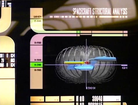 An LCARS console display reading SPACECRAFT STRUCTURAL ANALYSIS, showing a wireframe diagram of the Enterprise