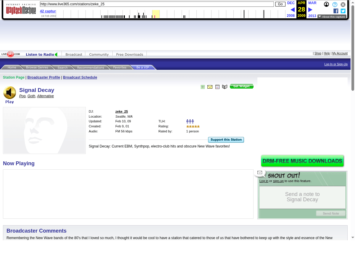 Live365 station page for Signal Decay captured in April 2009