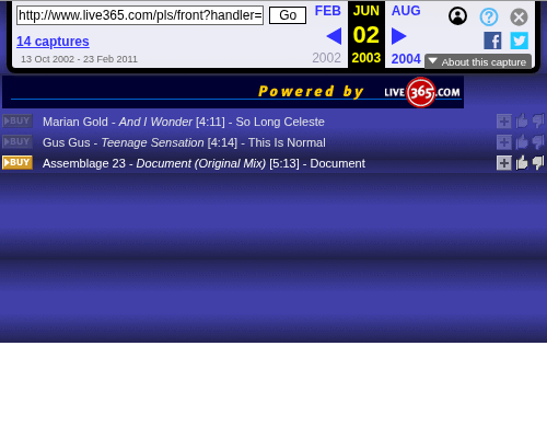 Live365 premium playlist frame showing recently played tracks