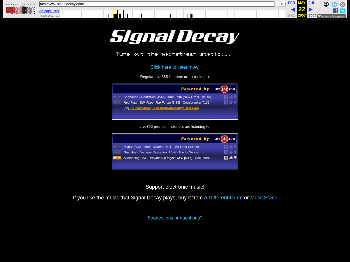 Signaldecay.com homepage in 2003 embedding Live365 playlist frames